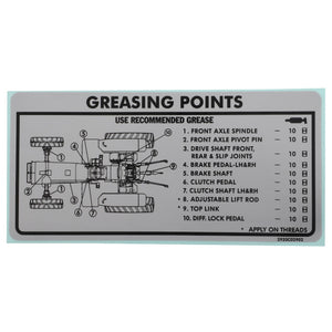 Here is a diagram illustrating the greasing points on a vehicle, featuring a list of 10 parts such as the front axle spindle, brake shaft, clutch pedal, and others. It includes recommended grease application instructions. The product used for these applications is AGCO's Decal, Grease - Acp0369990.