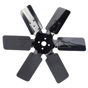 The AGCO | Fan Blade, 6 Blades - V836119431 is a black six-blade metal fan component with a central hub featuring five mounting holes arranged in a circular pattern. Ideal for engine temperature management, this part is designed to fit tractor radiators and meets the high standards of AGCO Genuine Fan Blades.