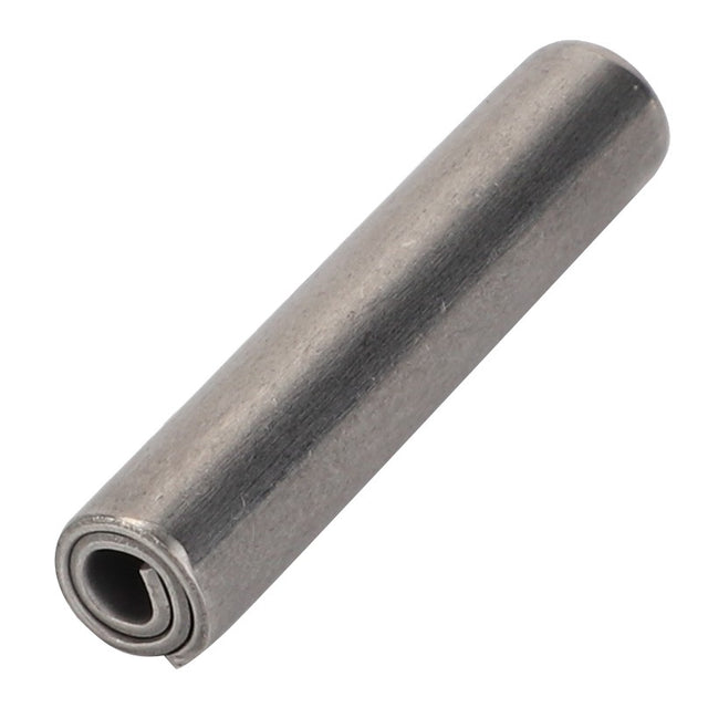 The AGCO | Pin - Acp0333350, a cylindrical metal spiral tension pin from the AGCO brand, is viewed at an angle, highlighting its coiled design and smooth surface. No current product description available.