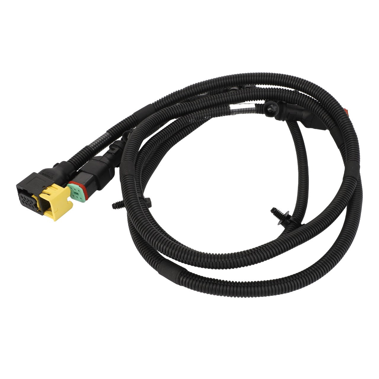 The AGCO Harness - Acw1390720 is a coiled electrical wiring harness featuring various connectors, including a yellow and a green connector, designed for automotive or mechanical applications. No additional product description information is available at this time.