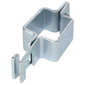 A close-up view of the AGCO | CLAMP - AG006320, a silver metal spring clip with an angular design and an open central space. For any questions regarding ordering, feel free to contact our support team.