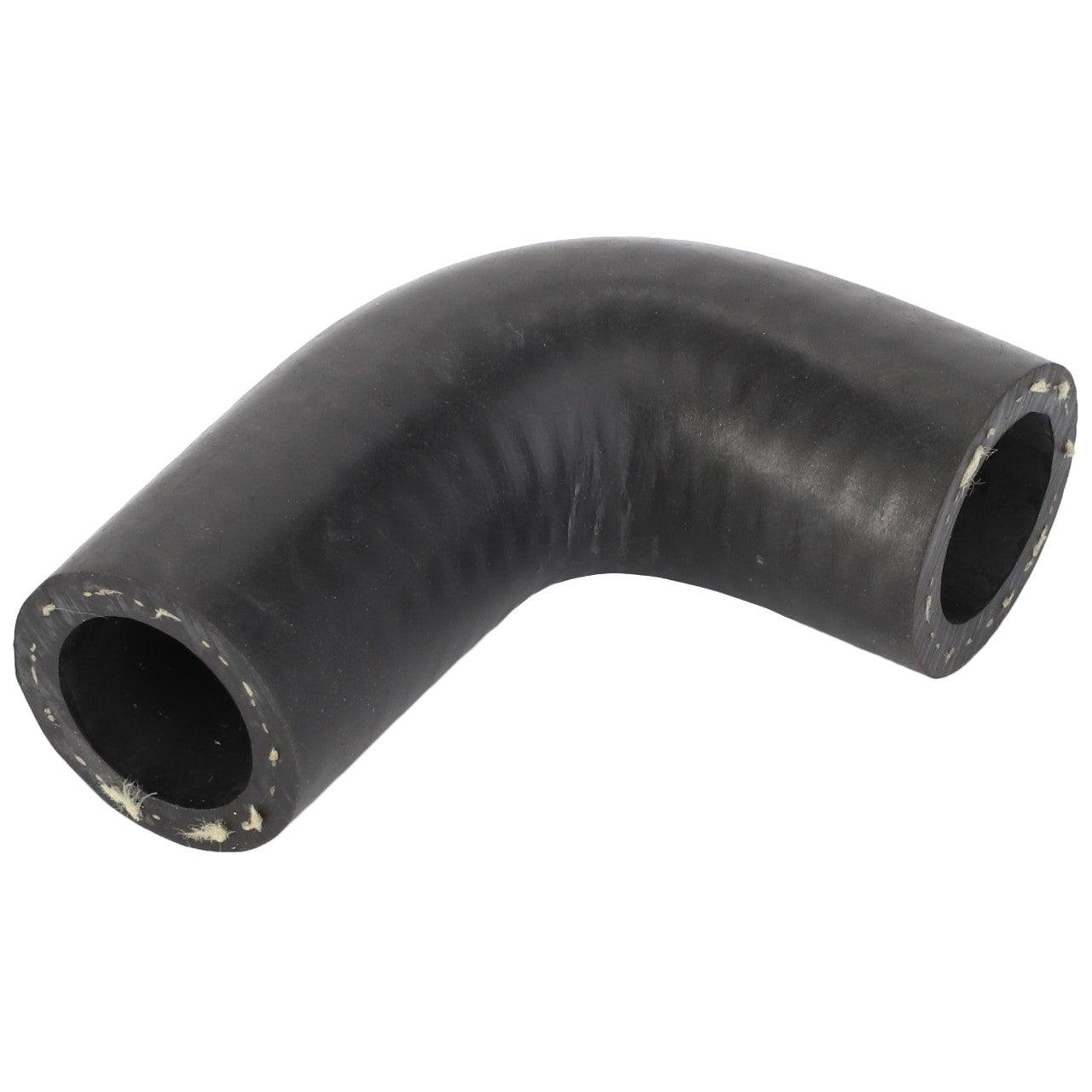 The AGCO Hose Arch - Acp0359650 is a sleek, black, elbow-shaped rubber hose with a smooth surface and openings at both ends.