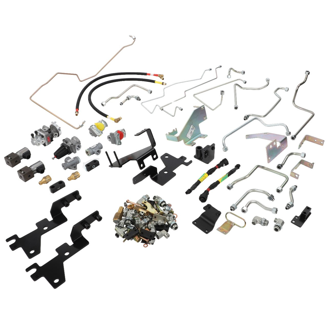 AGCO automotive components and hardware laid out, including brackets, hoses, fittings, and metal tubing (Accessory Code: Acw004666B).