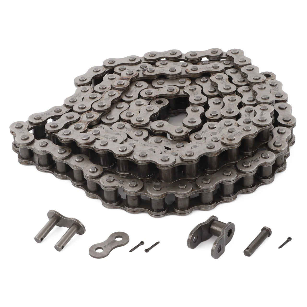 A coiled Genuine AGCO Chain, specifically the Front Elevator Feeder Chain (D42329600), with accompanying links and pins, typically used in machinery or bicycles, is displayed to ensure optimal performance.