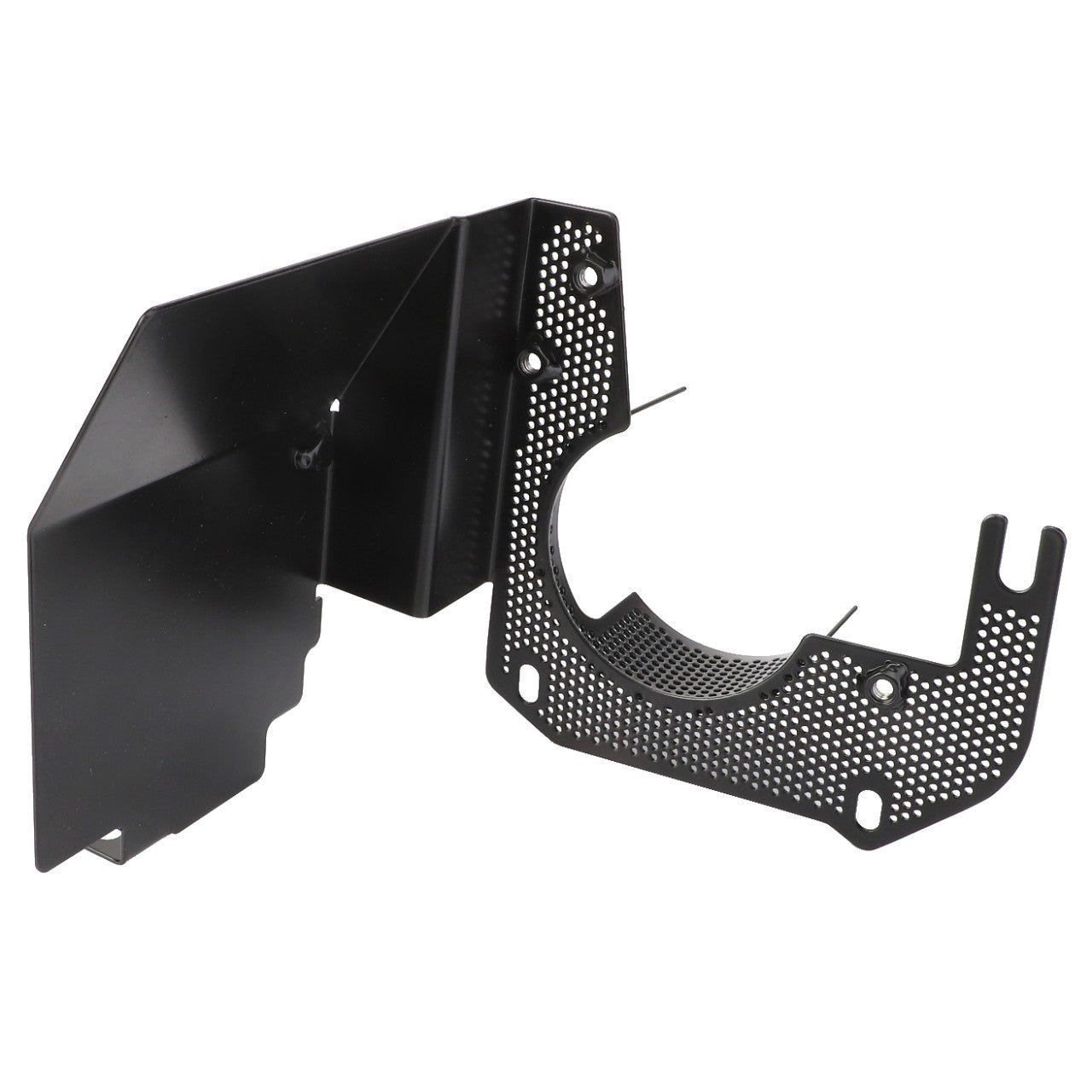 The AGCO | Shield - Acw113502B is a black, perforated metal bracket featuring two main components with multiple holes and cutouts for mounting purposes. There is no current product description information available from the brand AGCO.