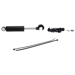 AGCO Genuine Gas Strut, Seat - F931502030400 with accompanying hardware, including two zip ties, assorted bolts, and washers, laid out against a white background. Ideal for Fendt models, this gas strut ensures smooth weight equalization for optimal performance.