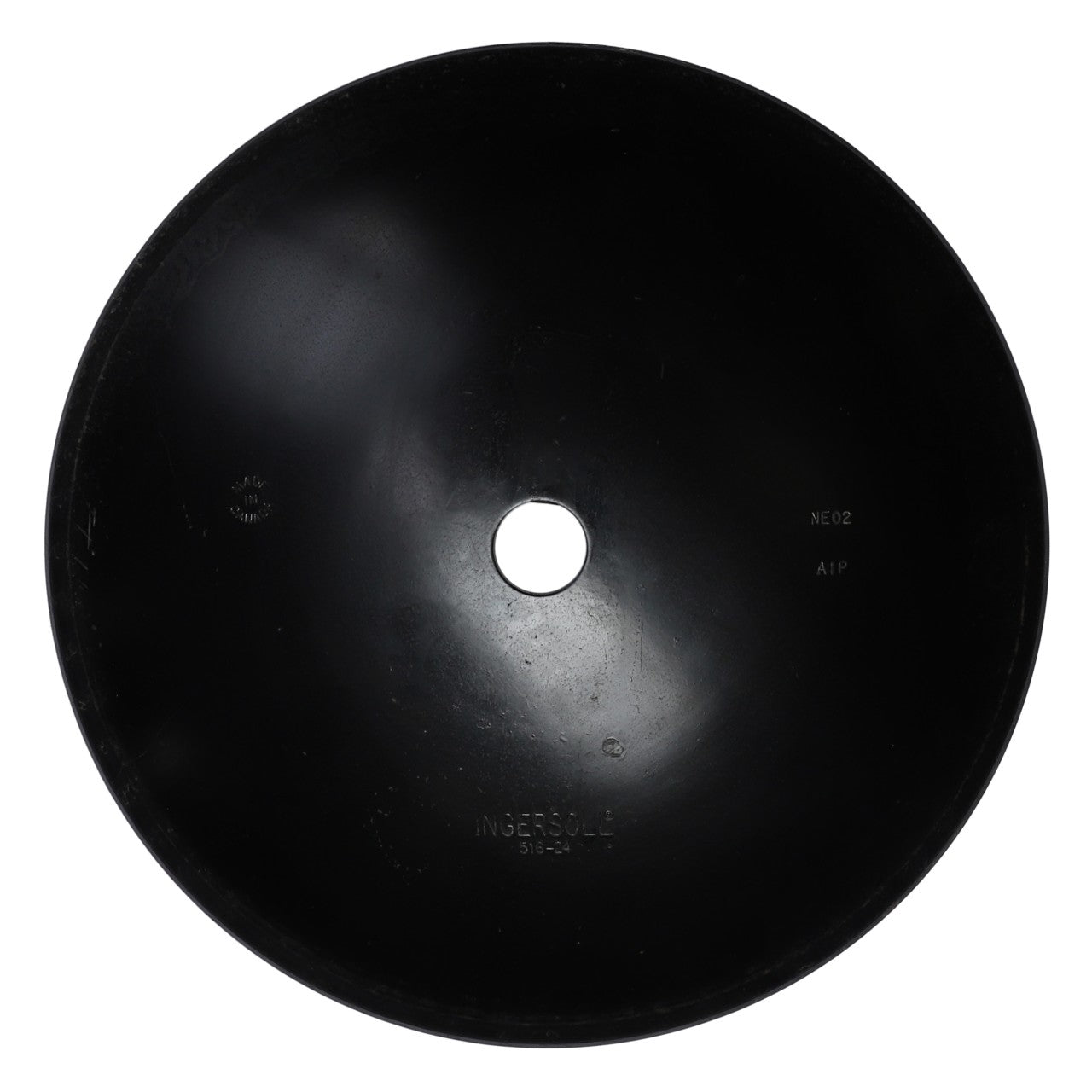 A black, round disc with a central hole. Text on the disc reads "AGCO," among other inscriptions. No current product description available. The product is identified as AGCO | Smooth Blade, 5/16 X 24" - Acp0017080.