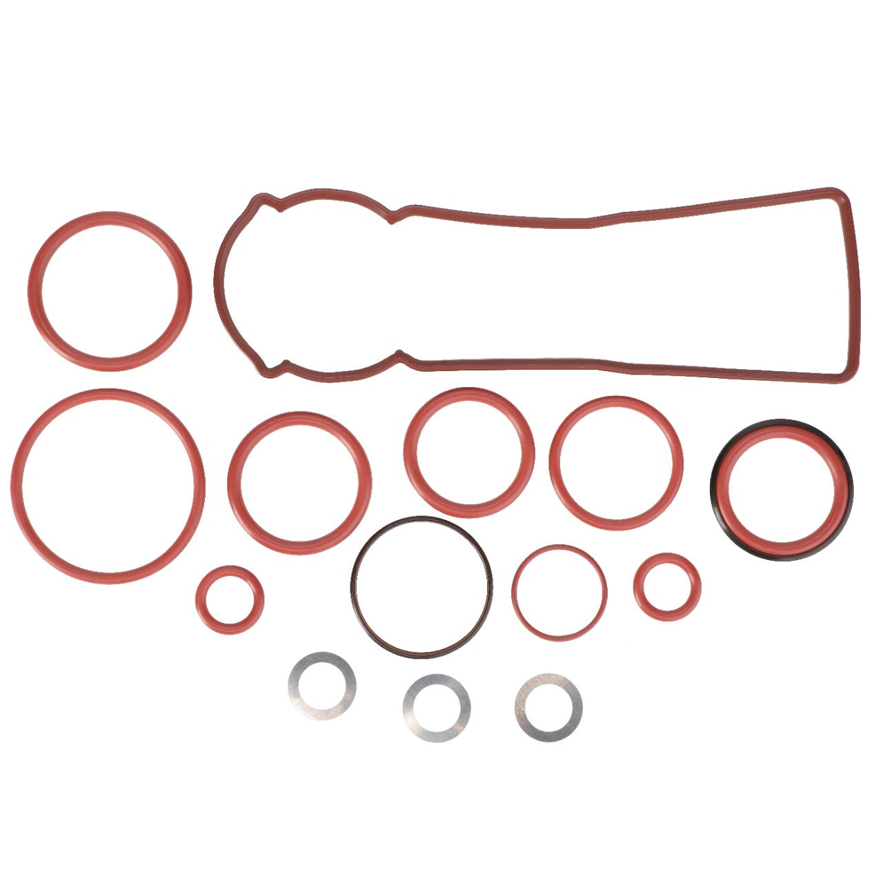 Product Description: The AGCO Seal Kit - F737960020100, by AGCO, includes a variety of red and black rubber gaskets along with metal washers. Perfectly suited for maintaining your Fendt Vario or Massey Ferguson, this set is arranged neatly on a white background.