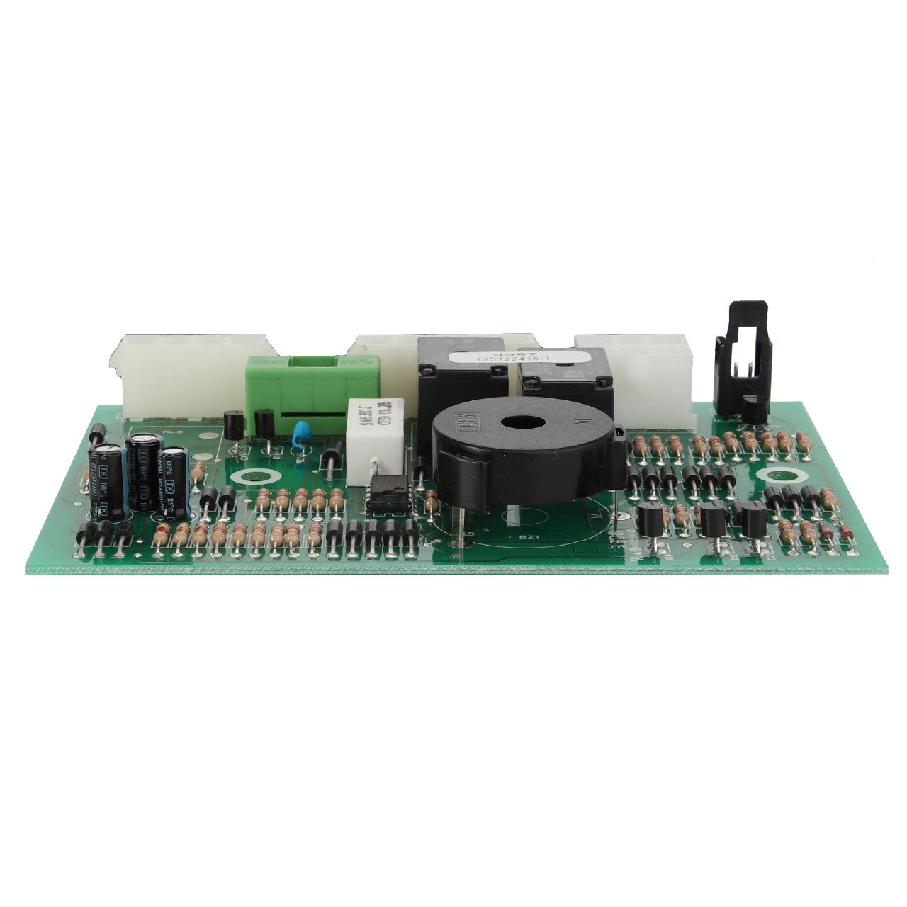 The AGCO | CARD - CG1257224151 is a green printed circuit board (PCB) featuring an array of electronic components such as capacitors, resistors, connectors, and a central black component.