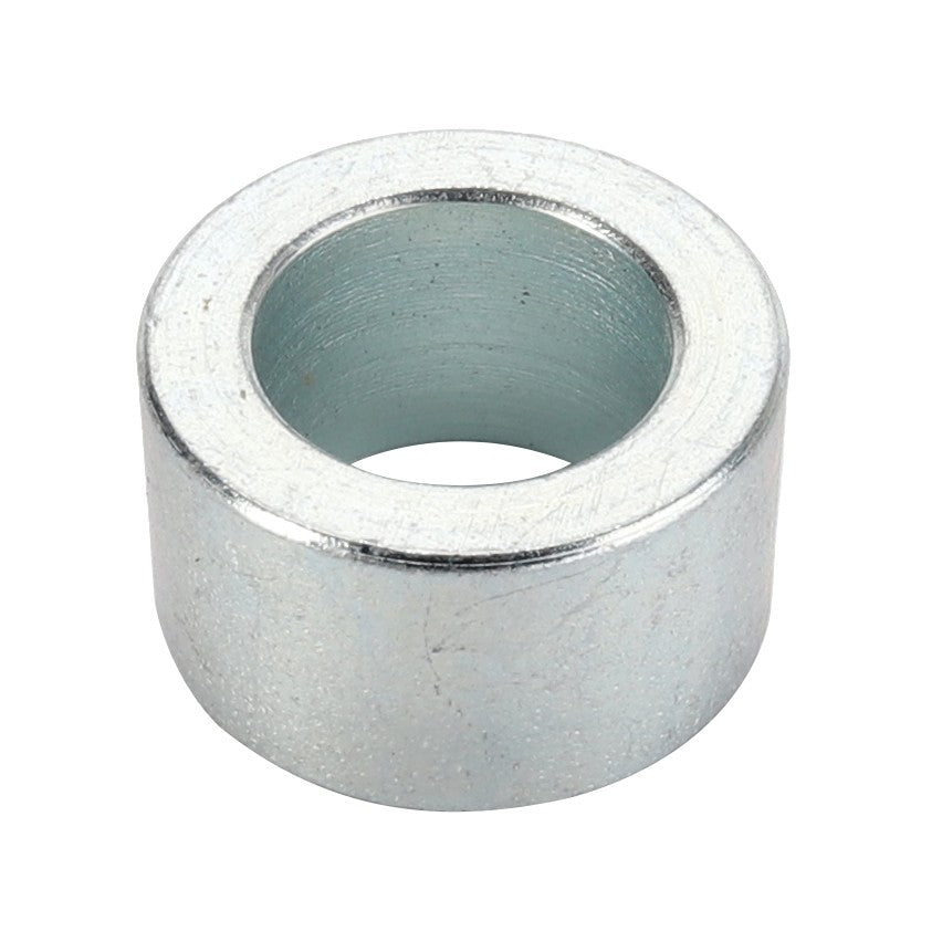 The AGCO BUSH - D45140037 is a silver, cylindrical metal washer with a central hole, viewed from an angle. No current product description information available.