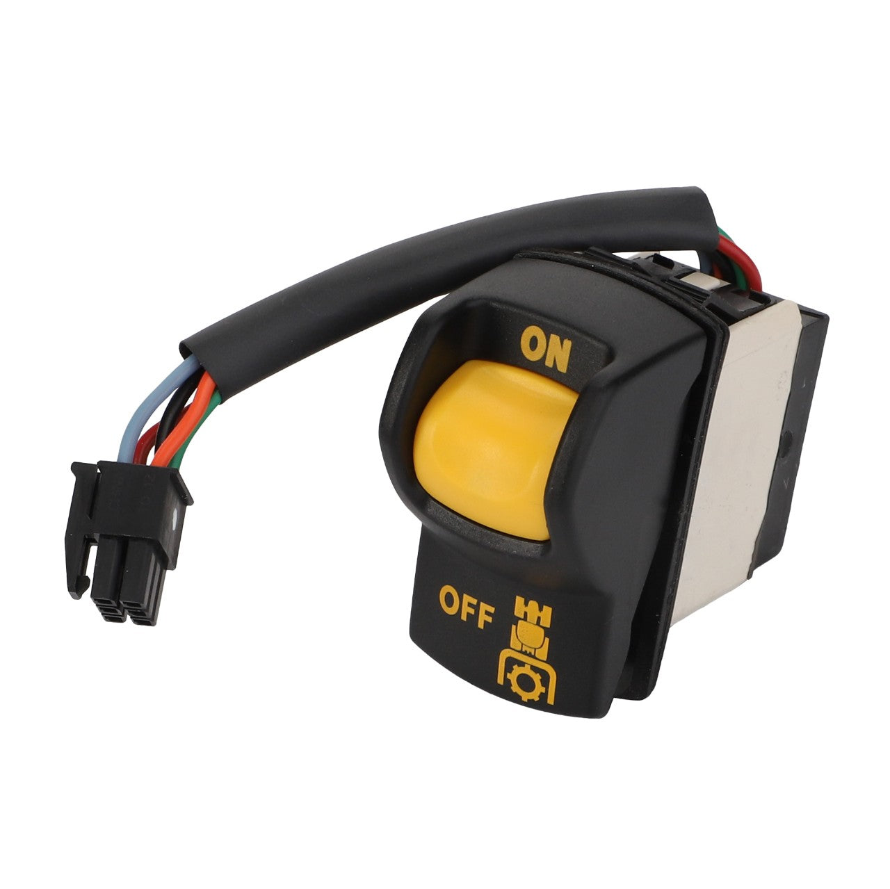 The AGCO Pto Rocker Switch (Acx3404050) is a black and yellow electrical switch with "ON" and "OFF" labels, featuring attached wiring connectors. No current product description information is available.