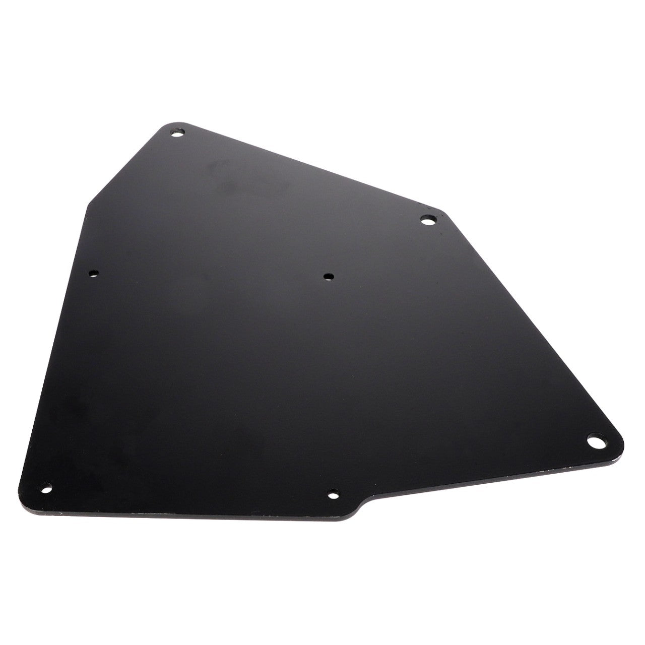 The AGCO | RECEIVER MOUNTING BRACKET - AG325309 is a black, irregularly shaped flat metal plate featuring four precisely placed holes near the corners.