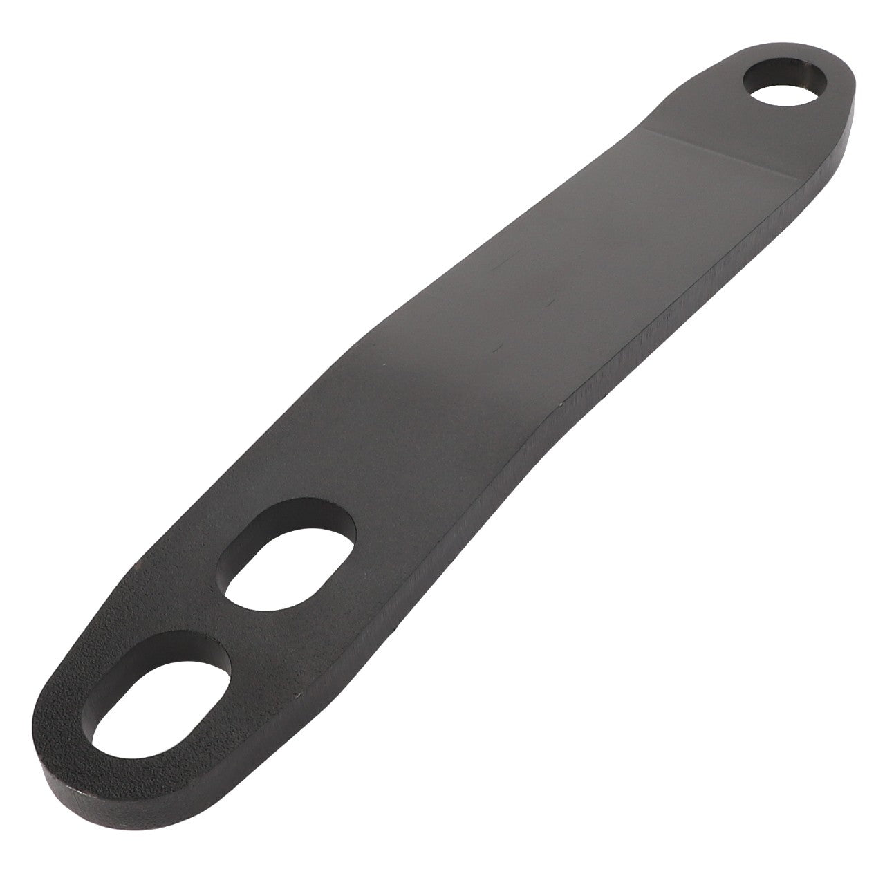 The AGCO | LINKAGE - AL1209758 is a flat, black metal bar featuring two oval openings on one end and a single oval opening on the other, offering versatile functionality.