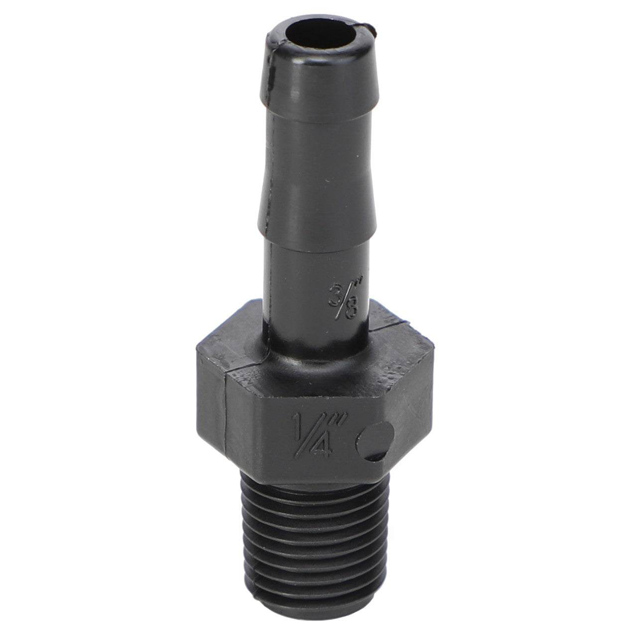 The AGCO Hose Barb - Ag051178 is a black threaded plastic pipe fitting featuring a narrow, tapered end marked "3/8”" and a hexagonal base marked "1/4”". No current product description available.