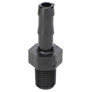 The AGCO Hose Barb - Ag051178 is a black threaded plastic pipe fitting featuring a narrow, tapered end marked "3/8”" and a hexagonal base marked "1/4”". No current product description available.