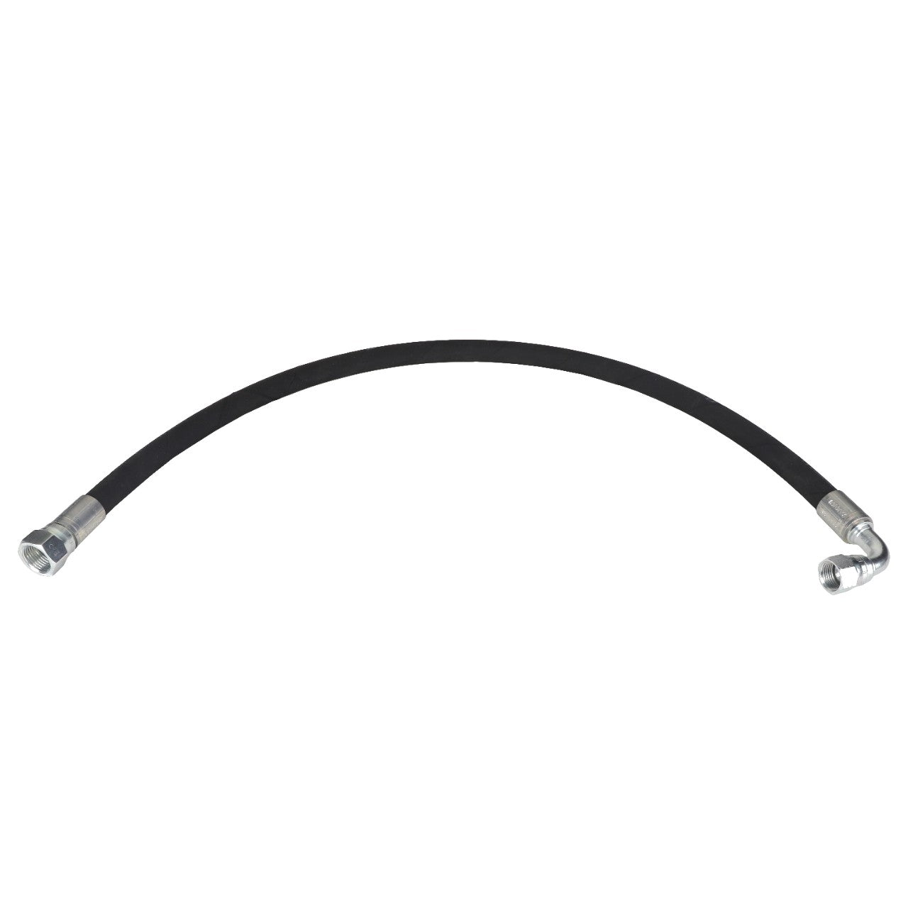 The AGCO HYDRAULIC HOSE - AL9032380 by AGCO is a flexible black hose featuring metal fittings on both ends, with one fitting straight and the other angled at 90 degrees—providing a versatile solution for various applications.