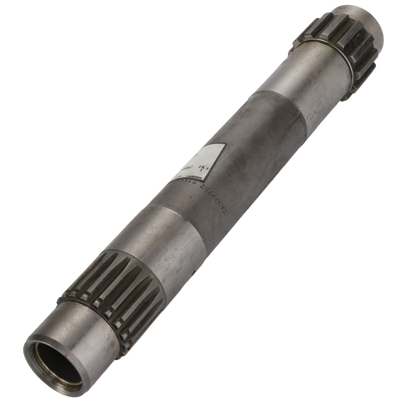 An image of an AGCO branded cylindrical metal shaft, identified as Shaft - Acp0325410, featuring splines on both ends, likely a component for machinery or automotive use. No current product description available.