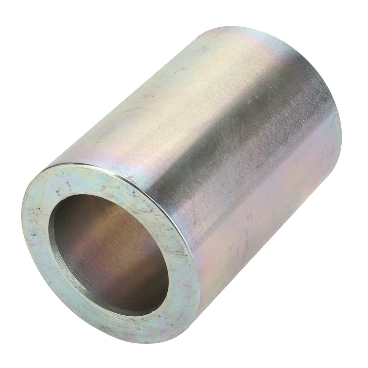 The AGCO | Spacer - Acx2070930 is a cylindrical metal sleeve by AGCO, designed with a hollow center, showcasing a smooth, polished surface and precision-engineered craftsmanship.