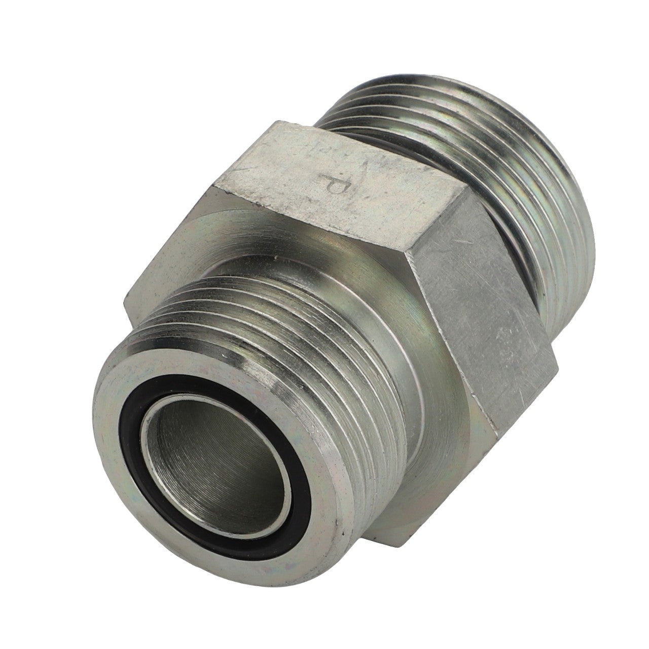 The AGCO adapter fitting, model AG519154, is a metal hydraulic adapter with threaded male ends and a hexagonal middle section. Product description information currently unavailable.