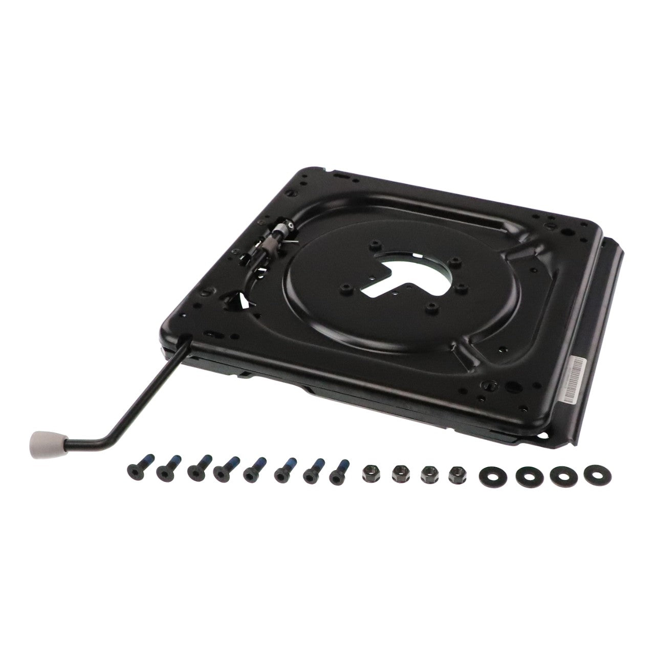 The AGCO TURN-TILT PLATE - F842810330260, a black, adjustable swivel seat plate with an attached lever and a row of screws, washers, and nuts aligned below it offers no information available about additional compatible parts.