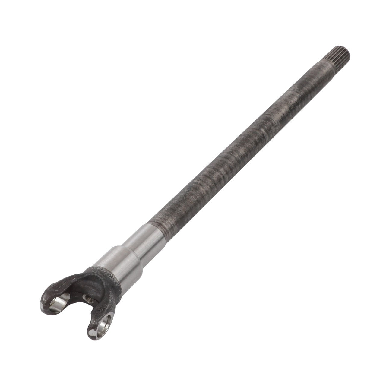 The AGCO Shaft - Acp0364350, a long cylindrical metal automotive part featuring splines at one end and a U-joint yoke at the other, is essential for maintaining transmission efficiency. This genuine AGCO product is designed to ensure superior quality and performance.