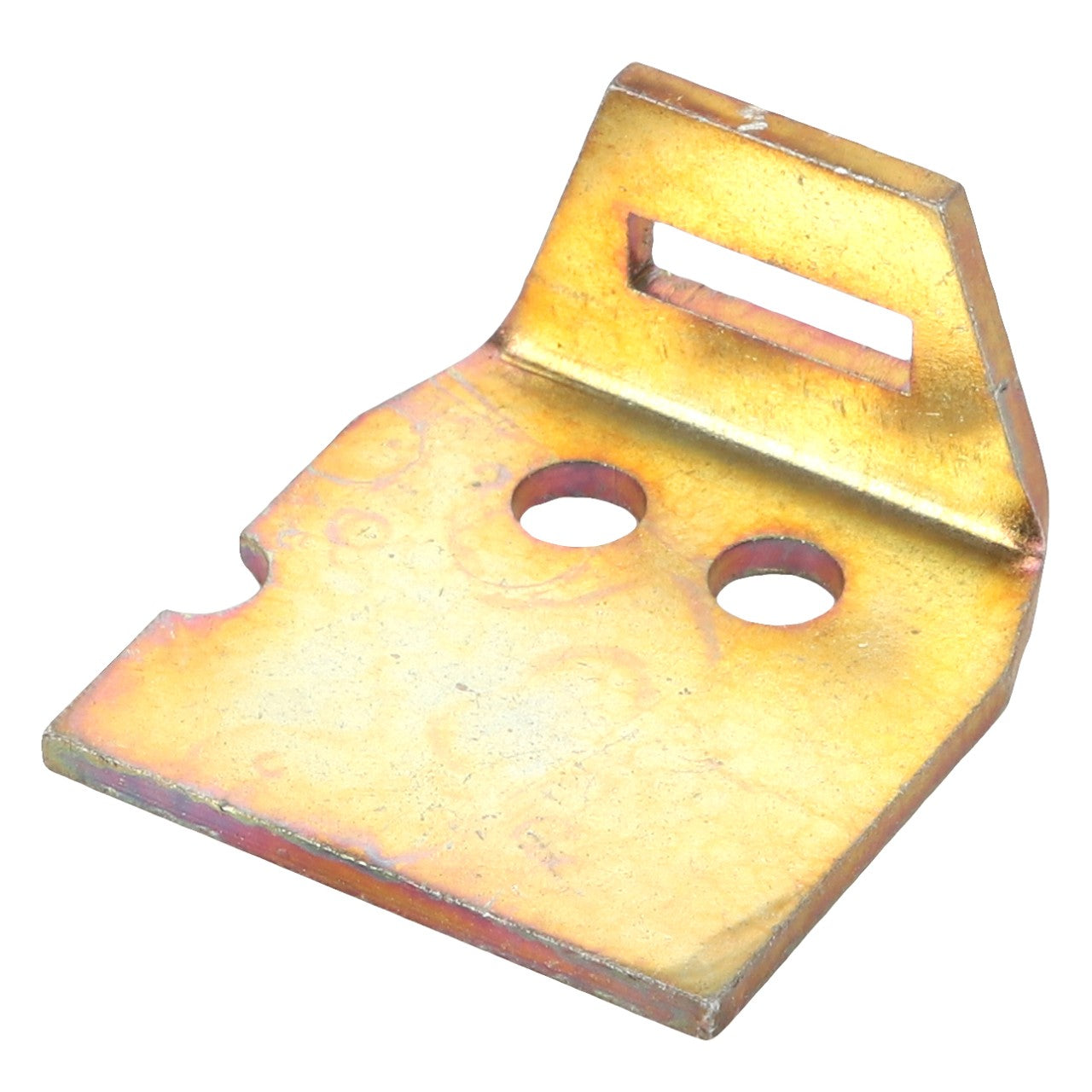 A metallic bracket with a rectangular hole at the top and two circular holes in the center, featuring a slanted section and a slight angle, currently has no product description information available. This product is named AGCO | HINGE - D28580334 by the brand AGCO.