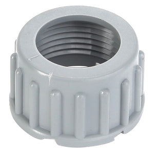 A close-up view of the AGCO | CAP - D45010108, a gray plastic threaded cap with ridges for grip, designed without a detailed product description and likely used as a protective or sealing component in various applications.