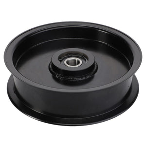 Introducing the AGCO TENSIONER PULLEY - ACY1560320, a black metal pulley featuring a central bearing and smooth edges, expertly crafted by AGCO for seamless mechanical motion transfer.