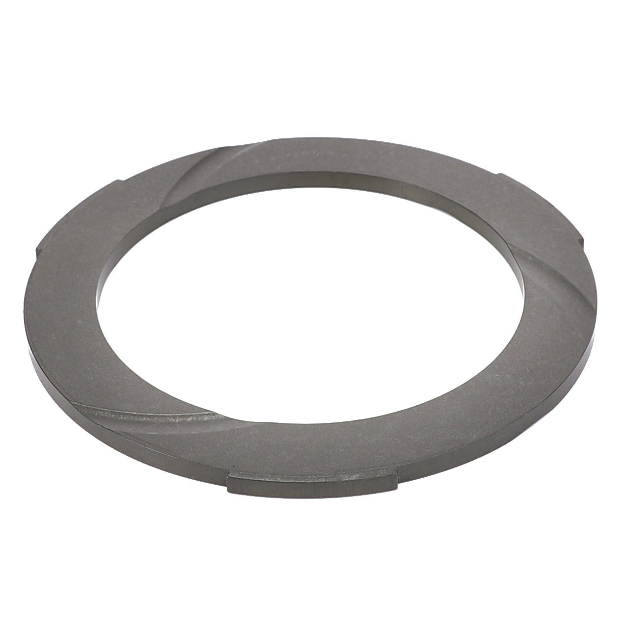 The AGCO Flat Washer - 3792454M1, a metal ring-shaped mechanical component with notches and smooth grooves on its surface, is designed for engineering or machinery use and is suitable for Massey Ferguson models.