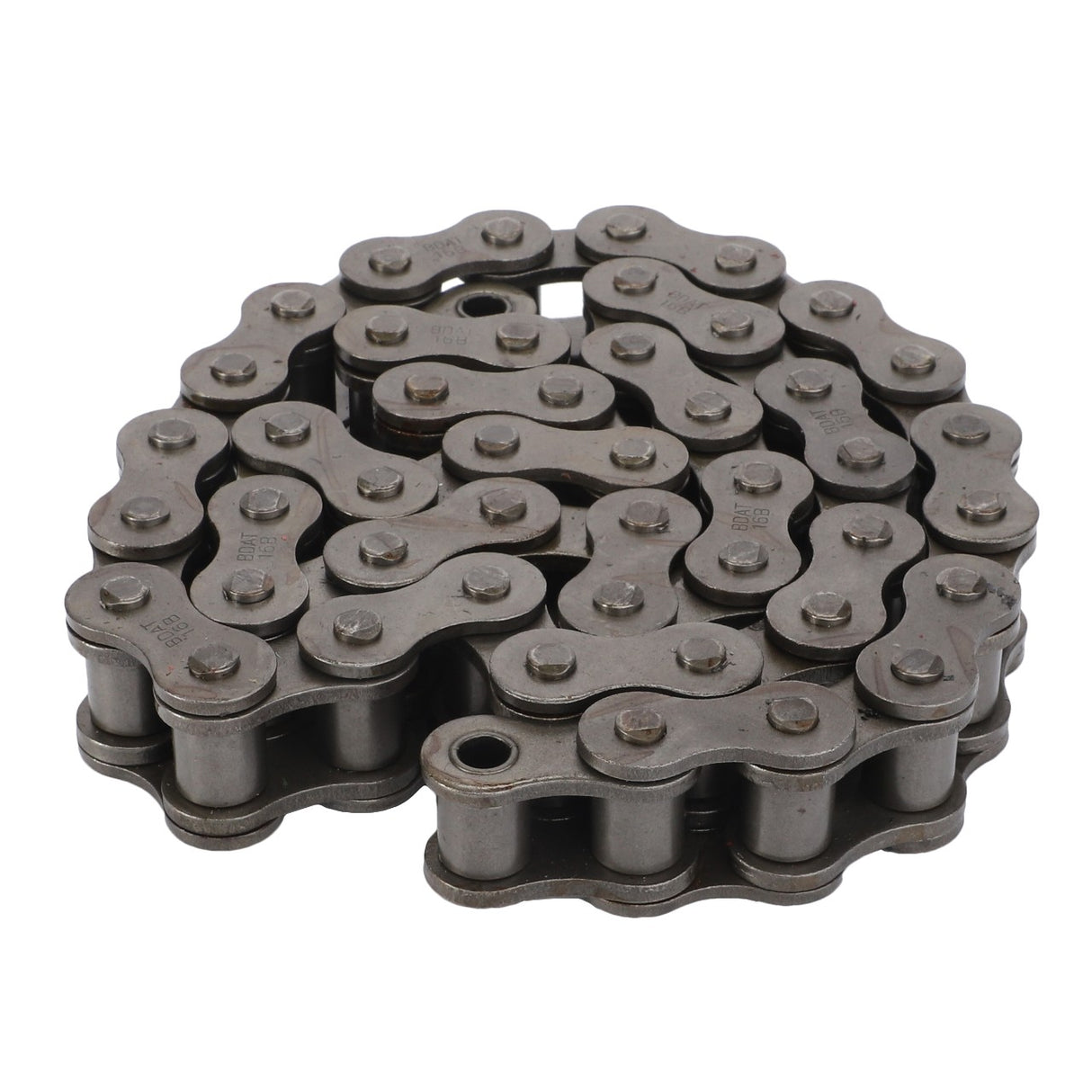 A coiled metal roller chain with interlocking links, typically used in machinery for transmitting mechanical power, such as the AGCO Roller Chain, Lely Storm Forager - Lm98043748.