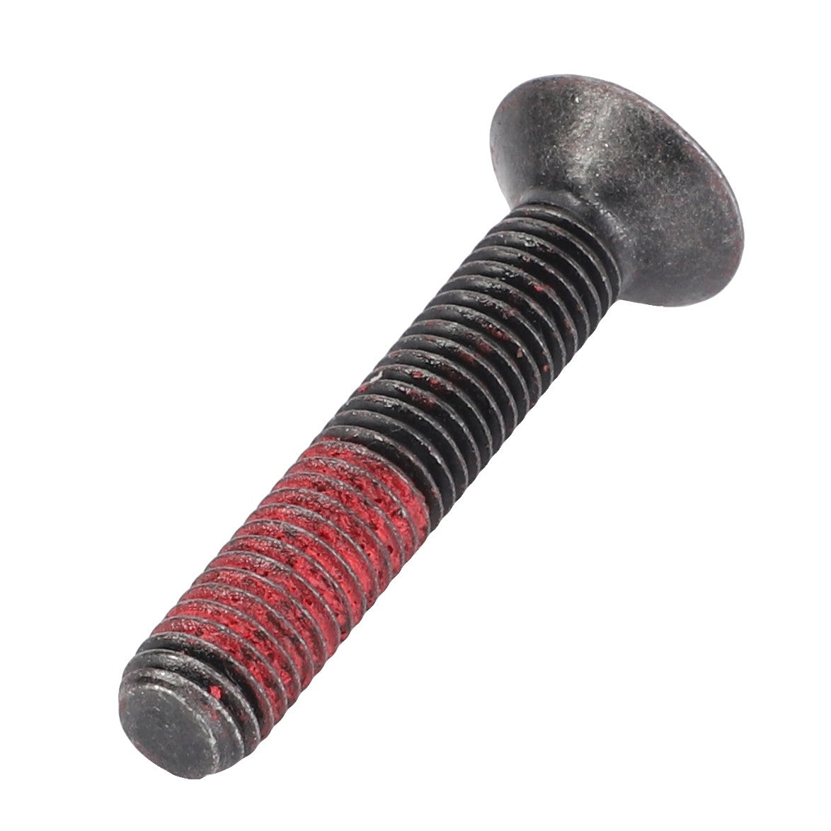 A countersunk capscrew, model F930500030200 from AGCO, with red thread locker applied to its threaded section.