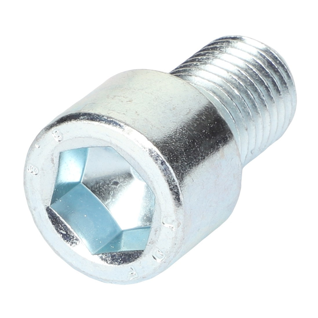 Close-up of an AGCO CUP POINT SOCKET HEAD SET SCREW - 0902-13-85-00 with a shiny finish, illustrating the threaded end and the hollow hexagonal drive socket.