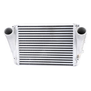 A front view of a metallic AGCO | Intercooler, Air To Air Type - Acw043584A car intercooler with two large tubular inlets on either side, designed to enhance engine efficiency by optimizing compressed air temperature.