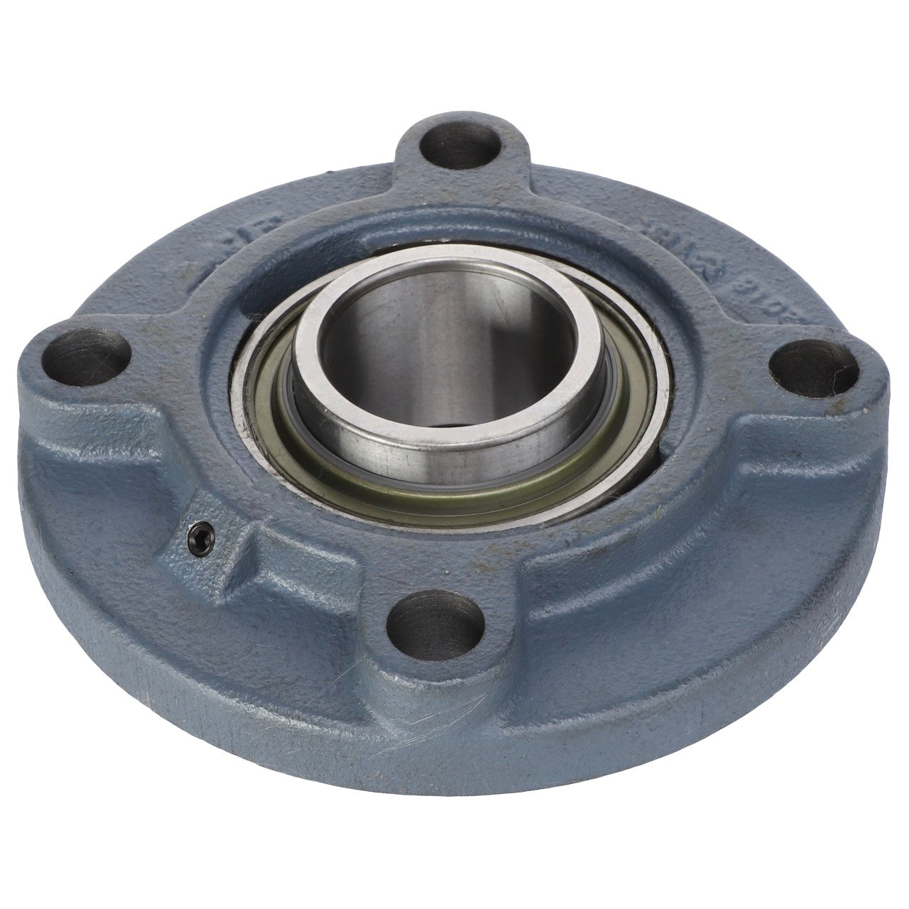 AGCO | Bearing Assembly - Acw1830600, a round, blue metallic bearing housing featuring a central cylindrical opening and four bolt holes, designed for precision alignment.