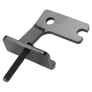 Introducing the AGCO | Support - Acw0648080: This black metal bracket from AGCO includes a screw and two pre-drilled holes, features a perpendicular extension, and an open slot on one side for versatile mounting options.