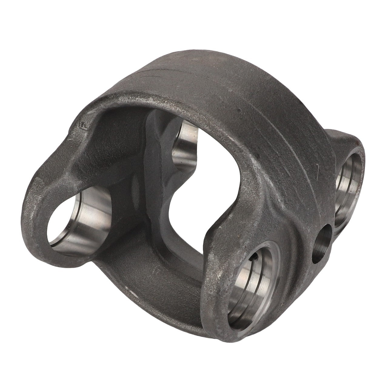 The AGCO Center Part, Knuckle - F835300020550 is a metallic yoke with a hollow center and two symmetrical arms featuring cylindrical openings on each side. Crafted from high-grade cast iron using CNC technology for precision, it is ideal for mechanical or automotive applications.