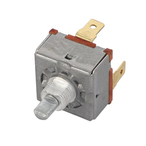 The AGCO | Switch - Acw0286870 is a square, metallic rotary switch with a threaded shaft and two brass terminals. No current product description information is available for this item.