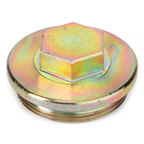 Introducing the AGCO | Plug - 3799441M2 by AGCO, a metallic hexagonal plug featuring a flat, round base and threaded bottom. It boasts a reflective finish with hues of yellow and green, ensuring compatibility with various Massey Ferguson models.