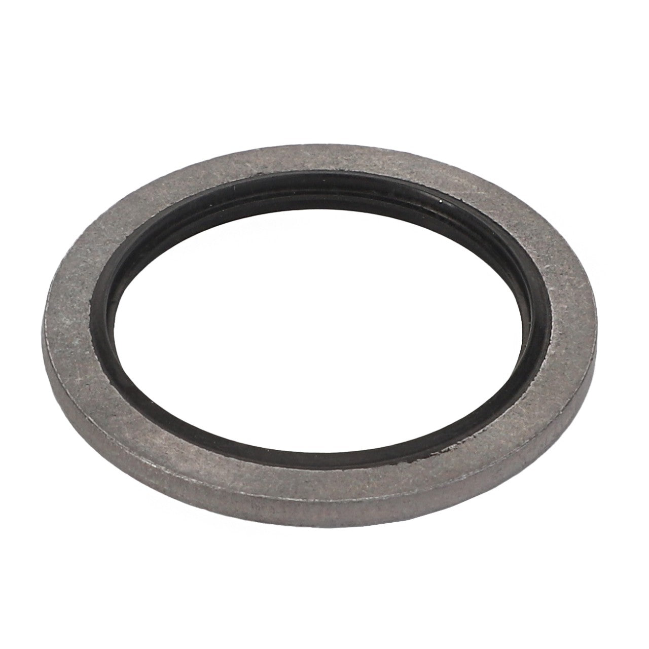 The AGCO GASKETS - F926880010290 is a gray metallic washer with a black inner ring, commonly used in mechanical assemblies for sealing purposes.