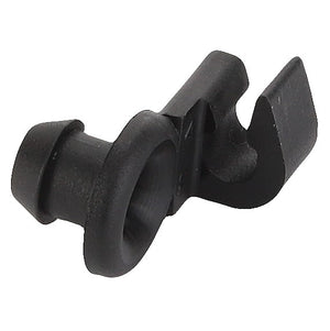 The AGCO | Clip - Acp0127790 by AGCO is a black plastic clip featuring a curved hook and a sturdy circular base.