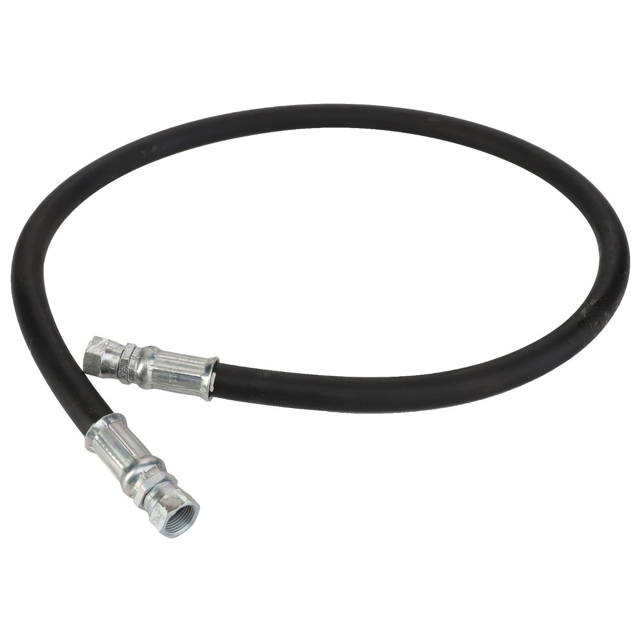 The AGCO | Hydraulic Hose - Acp0010440 by AGCO is a black, flexible hose equipped with durable metallic fittings on both ends, designed for versatile use.