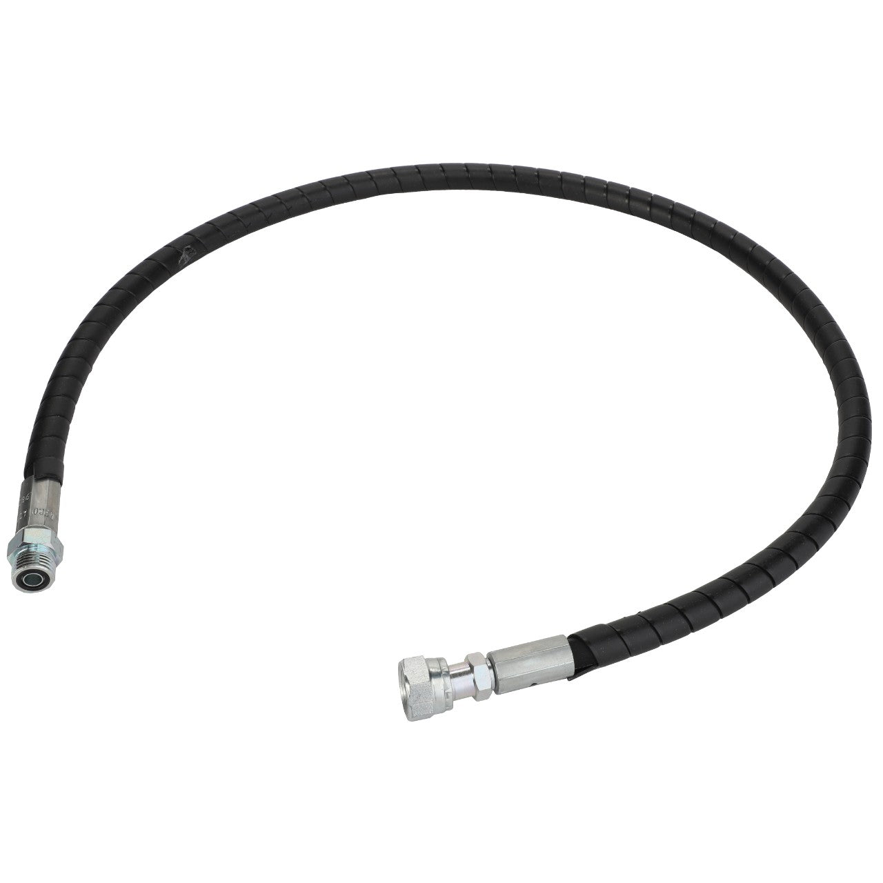 The AGCO Hydraulic Hose - Acw2316650 is a flexible black hydraulic hose featuring metal connectors on both ends. No current product description information is available.