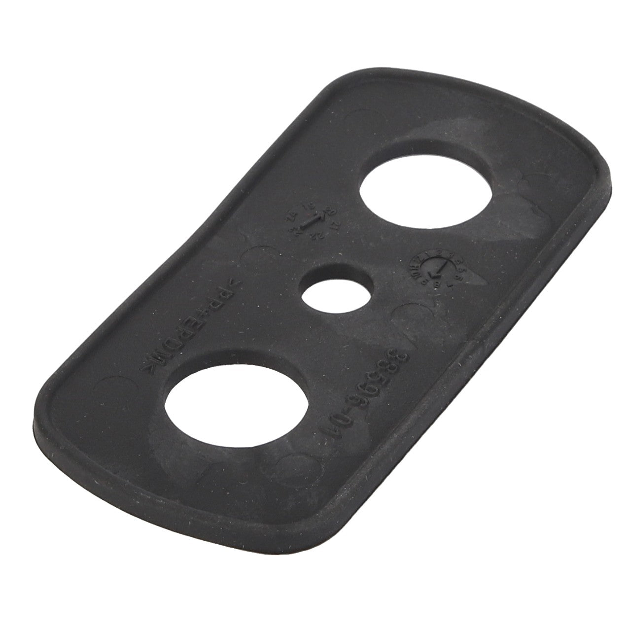 The AGCO | Grip - Acw640034A by AGCO is a rectangular black rubber gasket featuring three circular holes of varying sizes.