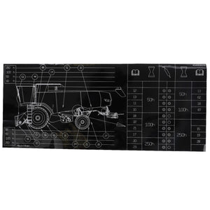 A black and white technical drawing of an AGCO vehicle with numbered parts and a maintenance schedule on the right side, featuring the product "AGCO | Decal, Left Hand - Acw0506040.