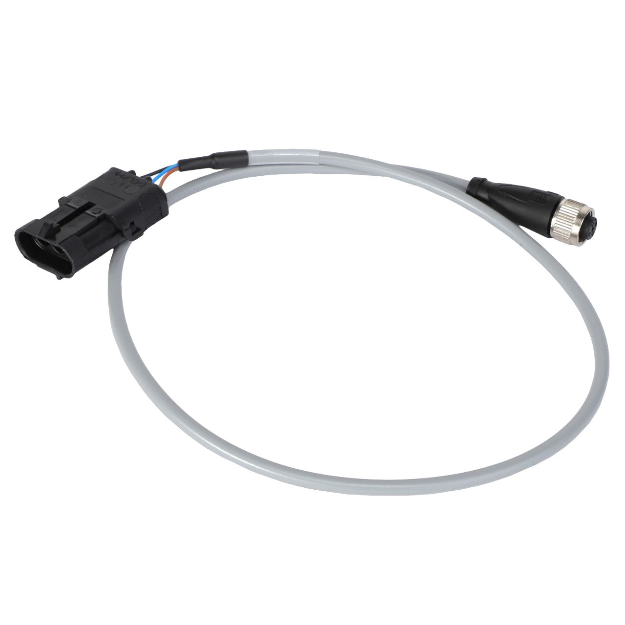 Introducing the AGCO | CABLE - AG332172: This coiled cable features a black rectangular connector on one end and a cylindrical connector with a ridged grip on the other end.