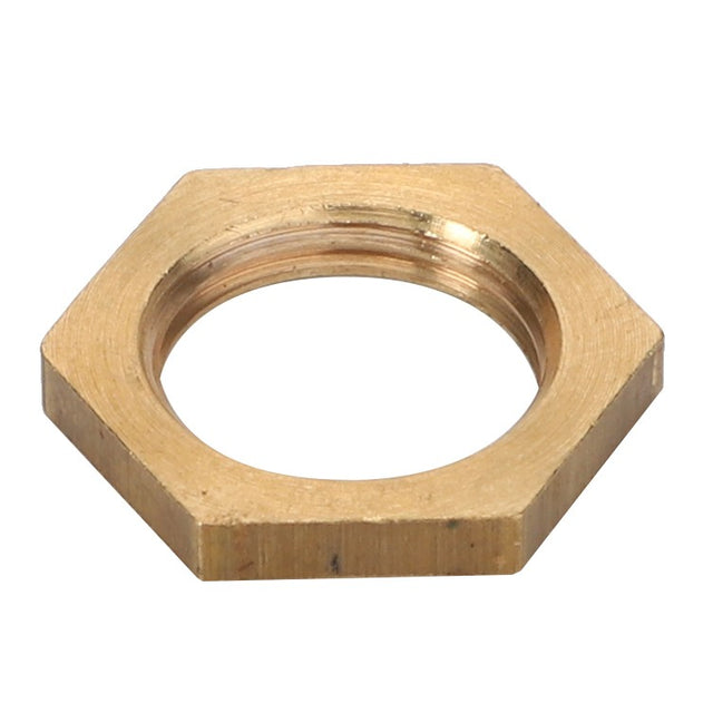 A top-down view of the AGCO | Nut - Acp0419940, a brass hex nut with a central threaded hole.