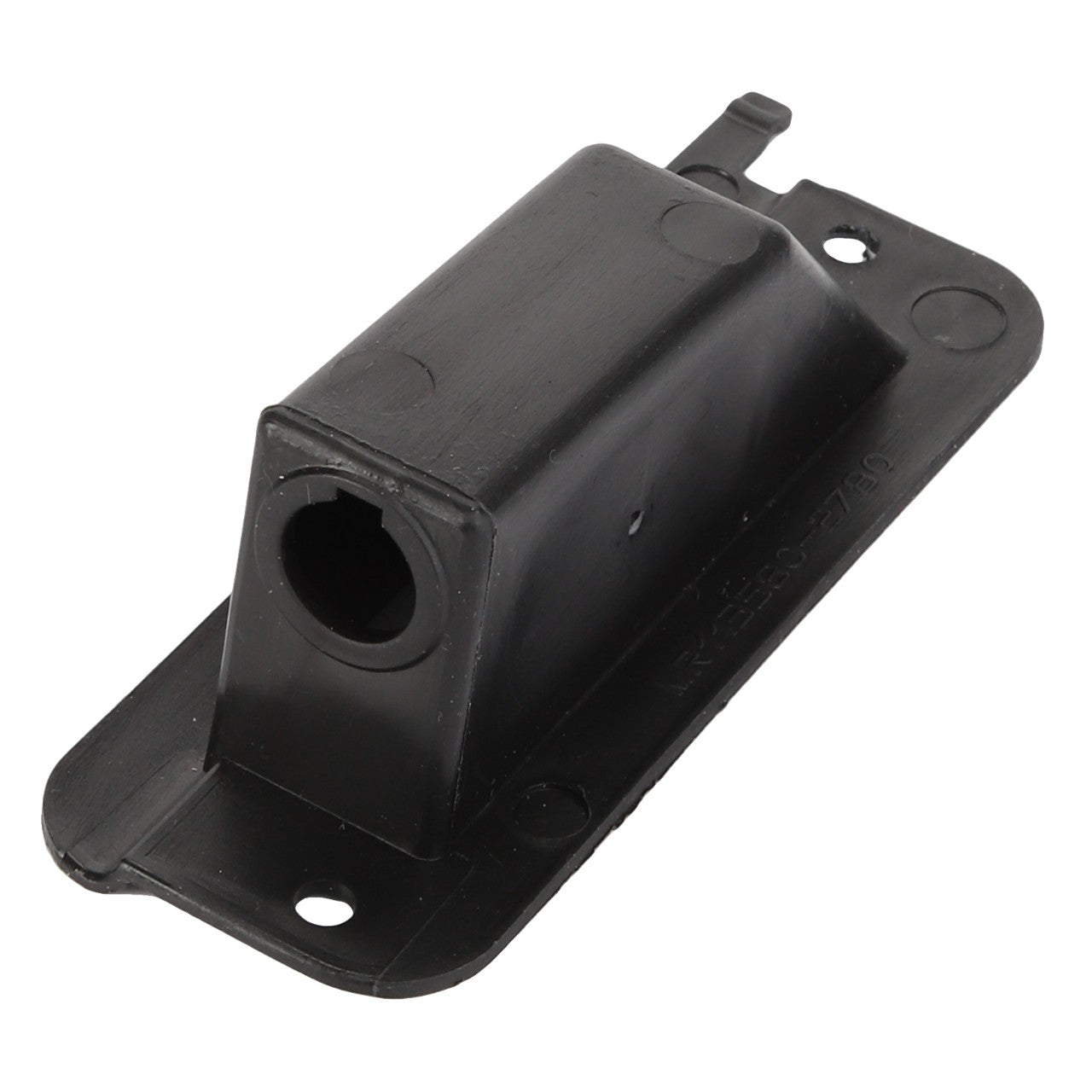 The AGCO Bracket - Acw4657030 is a black rectangular plastic component featuring a cylindrical hole, mounted on a flat base plate with screw holes on both ends.