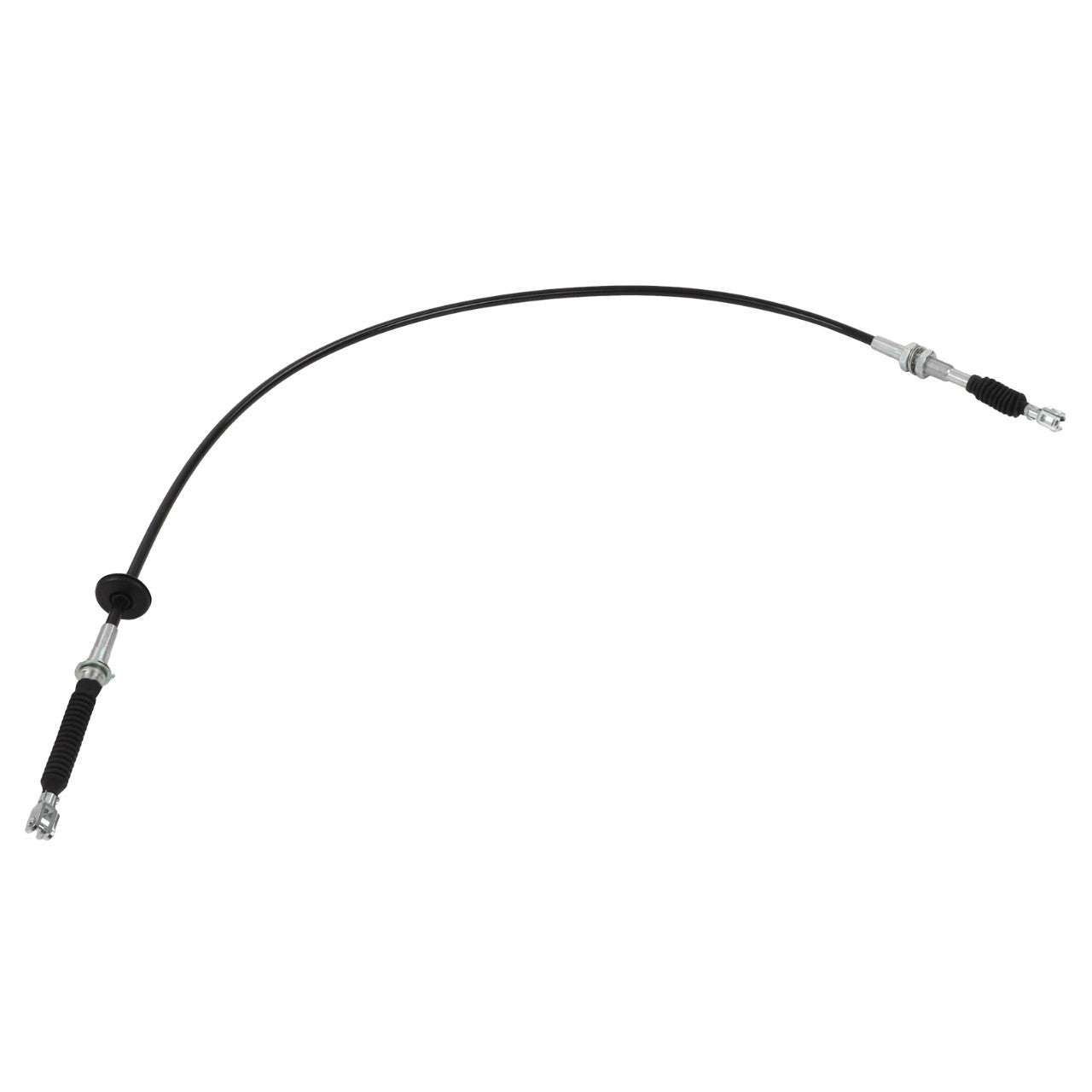 The AGCO | Cable - Acp0671520 is a flexible black control cable equipped with metal connectors and rubber grommets on both ends, commonly used for automotive or mechanical applications.