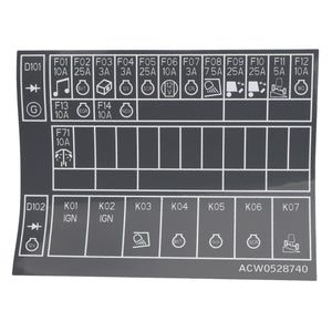 A diagram of the AGCO | Decal - Acw0528740 fuse box panel with labeled fuses and icons indicating their respective functions, including lights, ignition, and various vehicle systems. No current product description information is available for additional features.