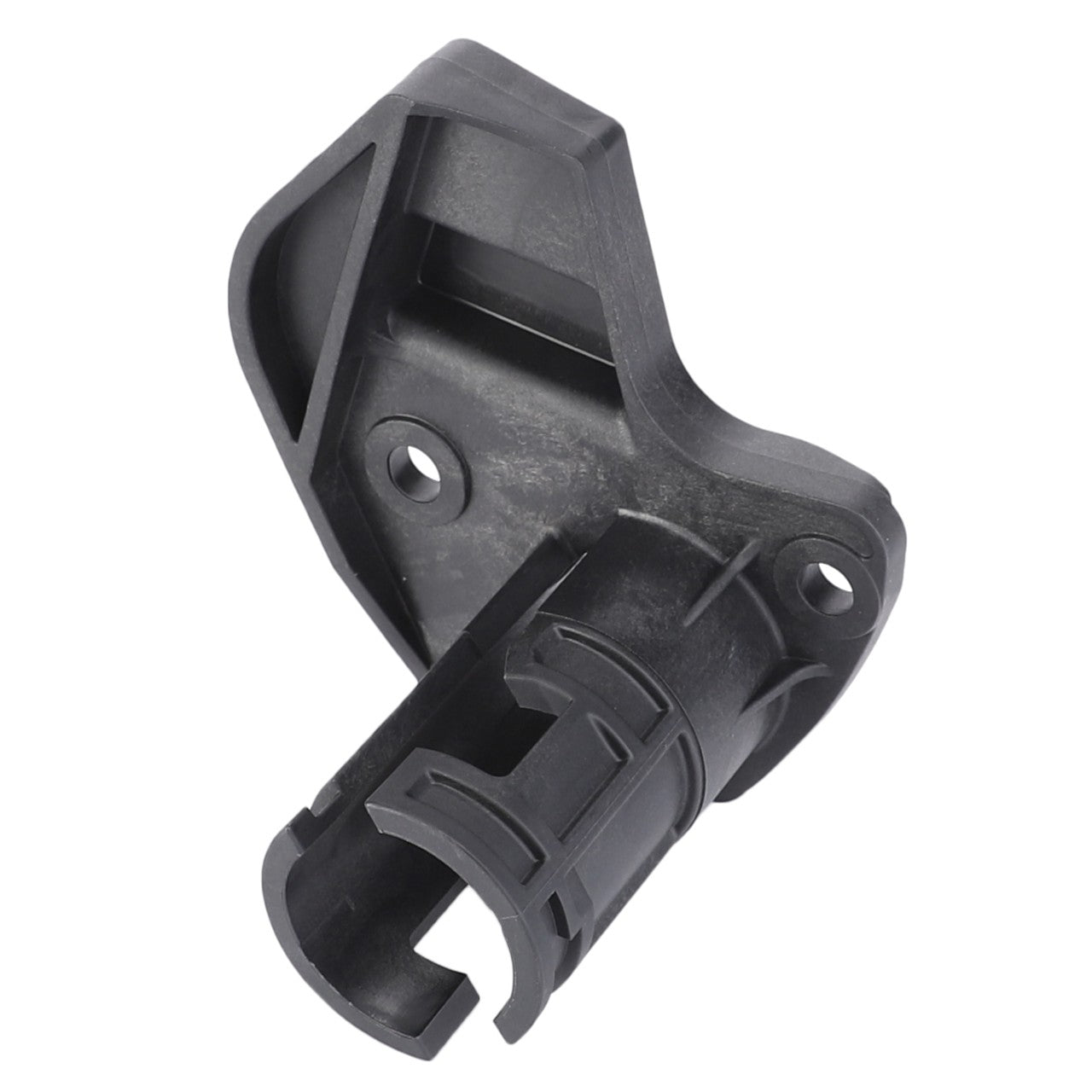 The AGCO RIGHT HAND SLEEVE - AL60008047, a black plastic automotive part with two mounting holes and a cylindrical extension, is currently available. Unfortunately, there is no detailed product description information for this item at the moment.